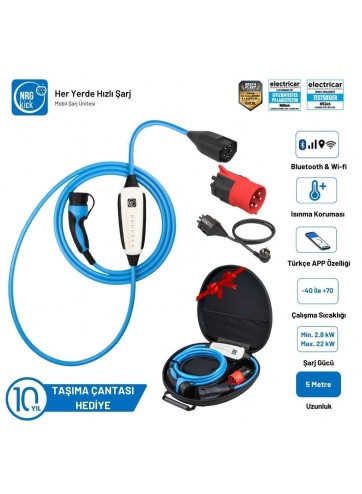 NRGkick Standart Plus 32A | 2.8kW - 22kW | Akıllı Taşınabilir EV Şarj Cihazı – WiFi + Bluetooth Destekli | 5 Metre Kablo | Monofaze & Trifaze | Ev Prizi Uyumlu | Taşıma Çantalı