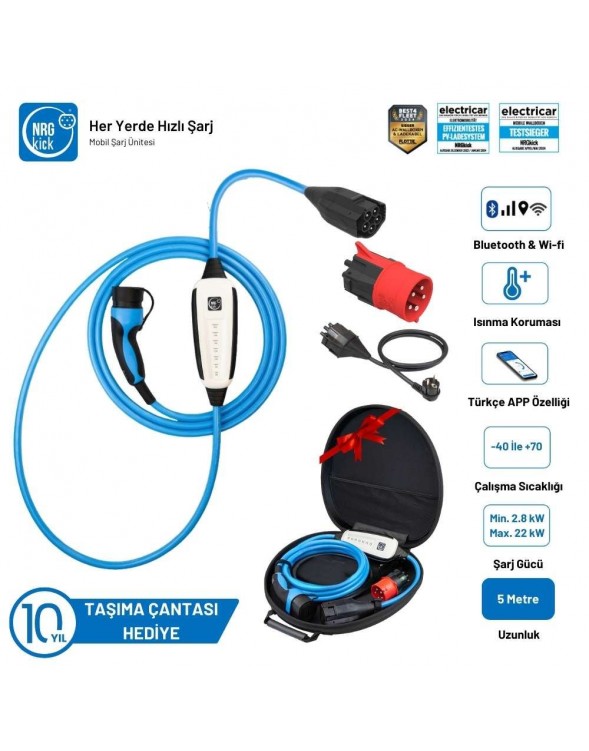 NRGkick Standart Plus 32A | 2.8kW - 22kW | Akıllı Taşınabilir EV Şarj Cihazı – WiFi + Bluetooth Destekli | 5 Metre Kablo | Monofaze & Trifaze | Ev Prizi Uyumlu | Taşıma Çantalı